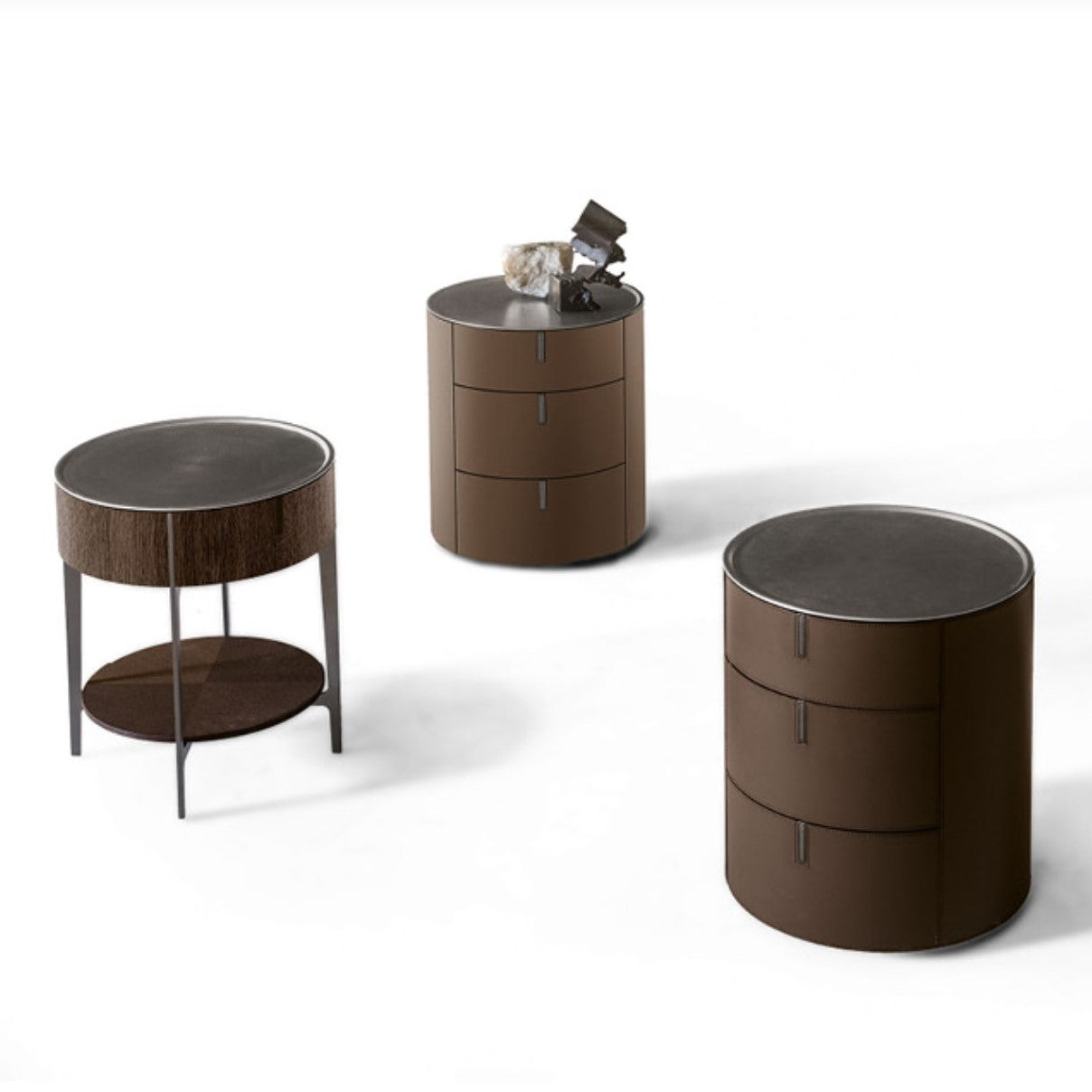 Alivar Round3 Bedside Table in hide or Thermo-treated oak finishes.