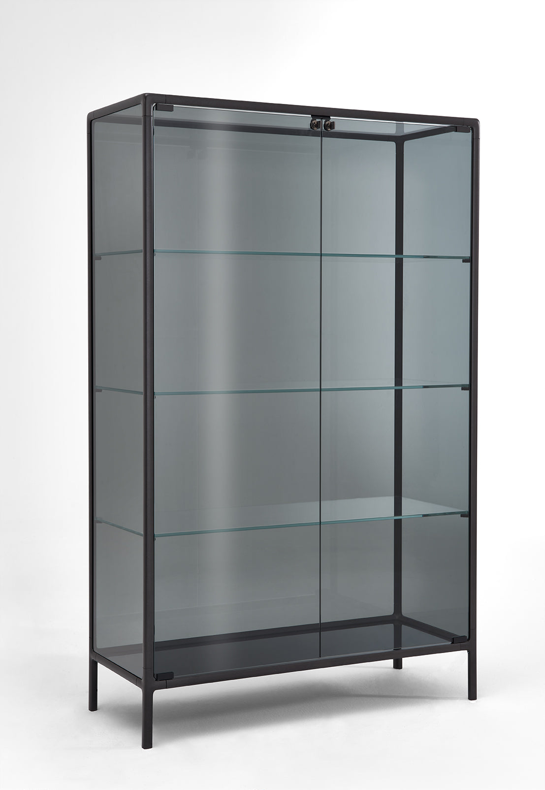 FIAM Echo glass showcase cabinet with smoked glass and vulcan grey aluminum frame, designed by Marcel Wanders Studio