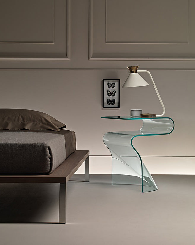 Toki bedside table, curved glass nightstand by FIAM Italia.