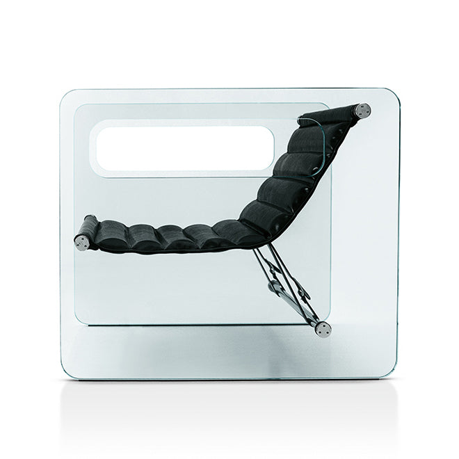 Tonelli Naked Glass Armchair with transparent glass frame and suspended leather seat by Giovanni Tommaso Garattoni