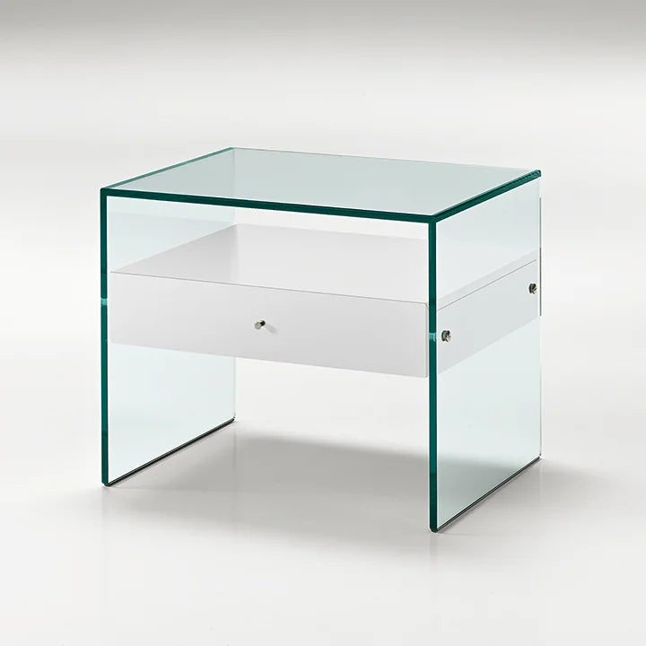 Tonelli bedside table Secret: Glass and lacquer white wood finish drawer