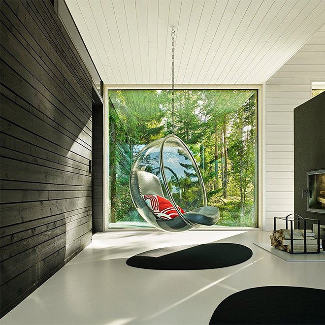 Hanging Bubble Chair with silver leather cushions – modern interior design