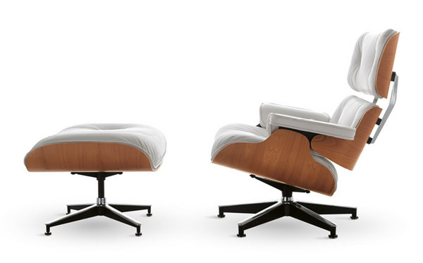 Alivar MVSEVM Eames Lounge Armchair in White and Cherry wood.