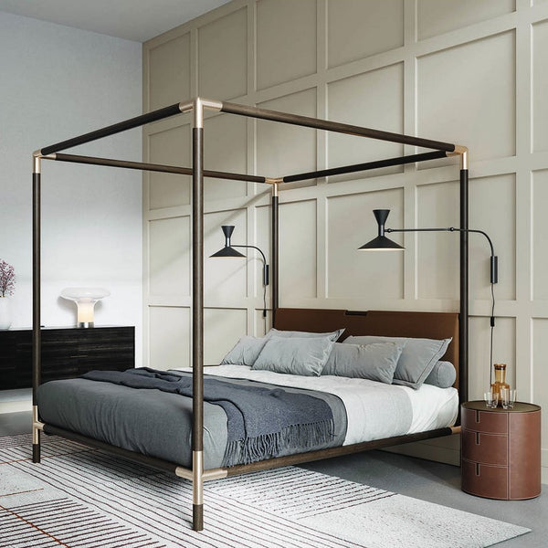 Arbore canopy bed by Alivar with solid ash wood frame and upholstered headboard in a modern minimalist bedroom setting