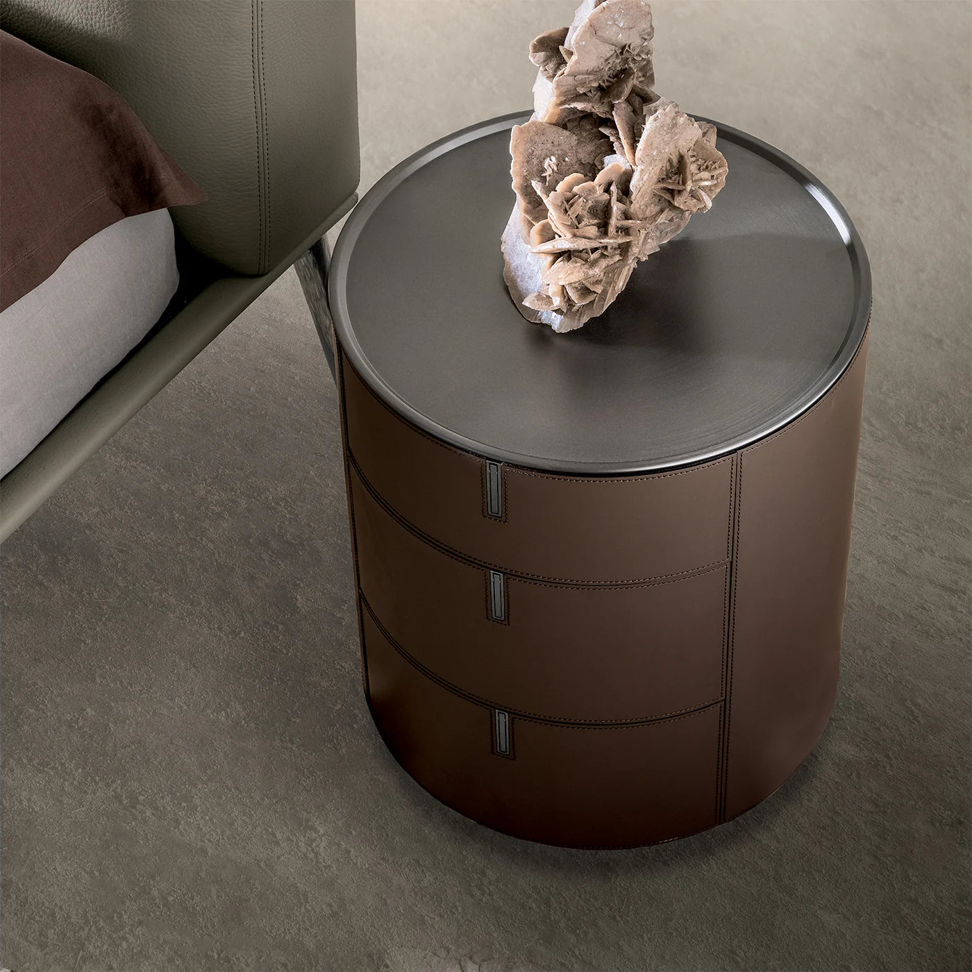 Alivar Round3 Bedside Table in hide or Thermo-treated oak or black oak finishes.