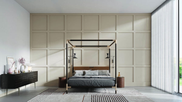Arbore canopy bed by Alivar with solid wood frame, metal joints and upholstered headboard in a modern minimalist bedroom setting
