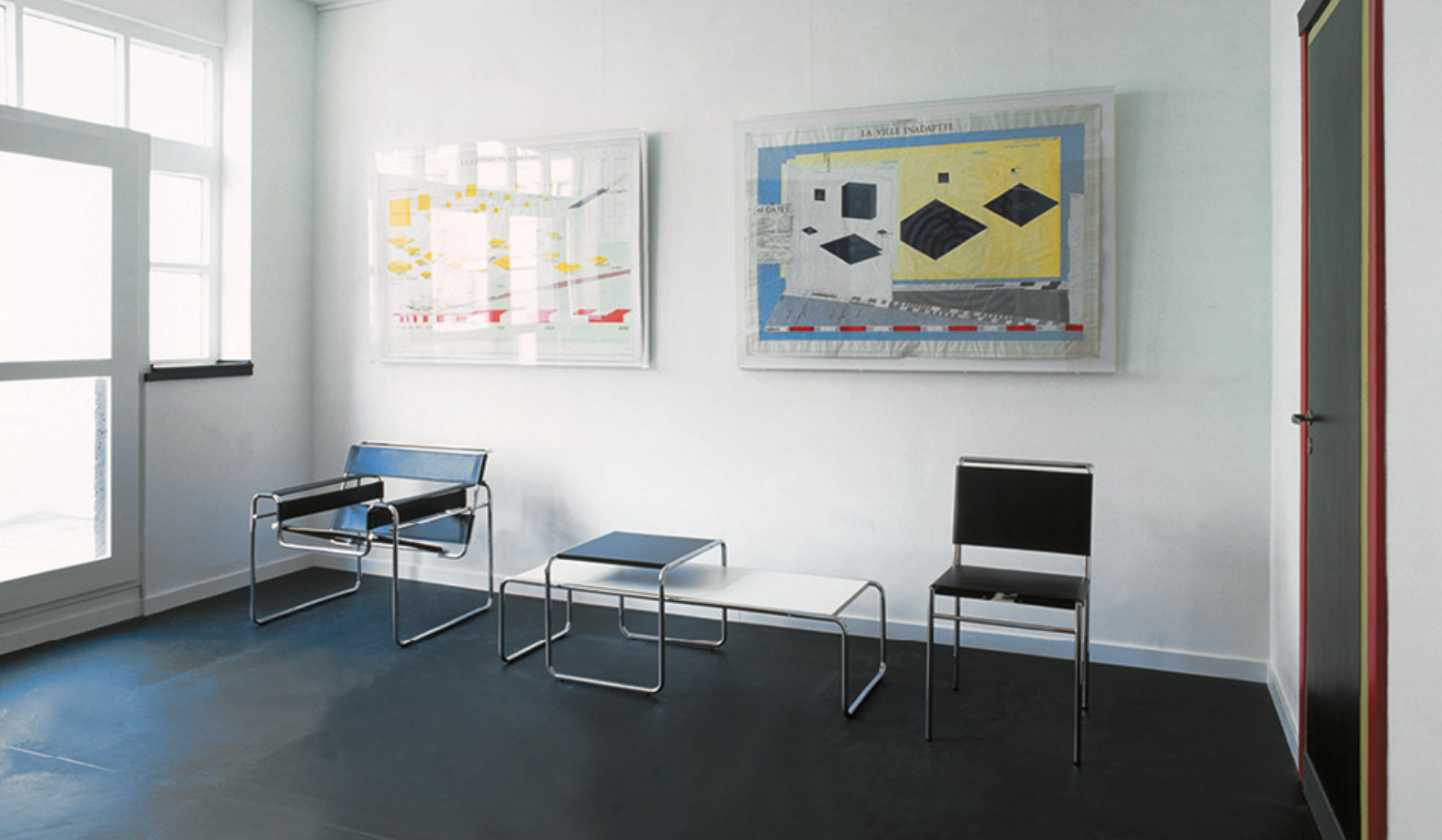 Laccio Coffee Table by Marcel Breuer with tubular steel frame and laminate top in modern living room setting