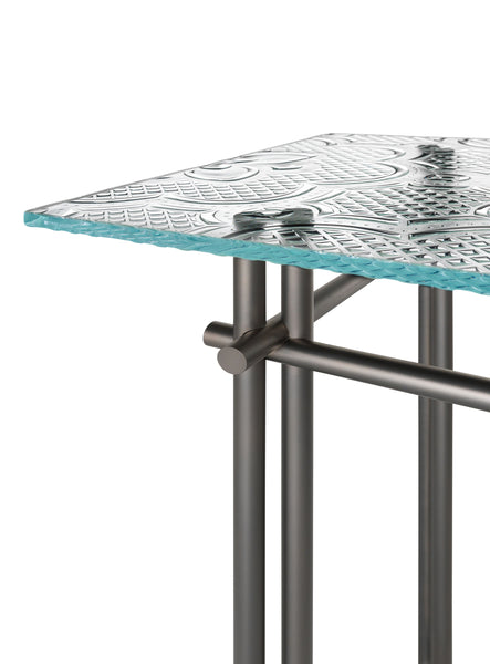 Cristaline console with a 15mm fused glass top and a opaque titanium metal base, blending luxury and simplicity