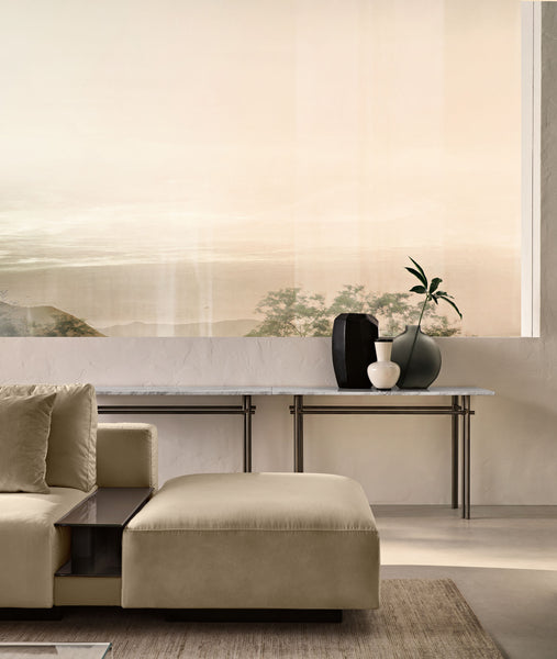 ristaline console with a 15mm Calacatta Royal marble top and a matte titanium metal base, blending luxury and simplicity.