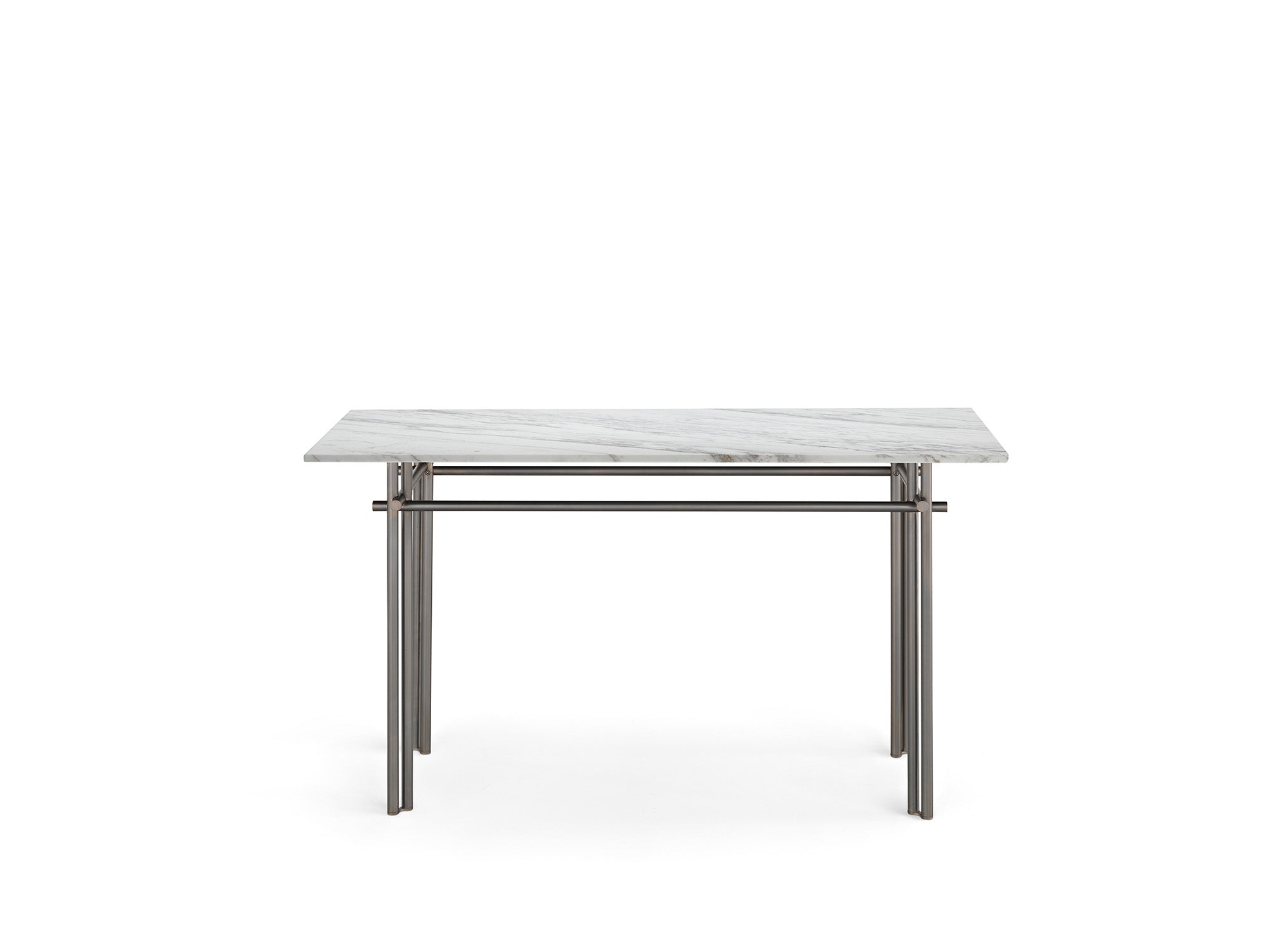 Cristaline console with a 15mm Calacatta Royal marble top and a matte titanium metal base, blending luxury and simplicity