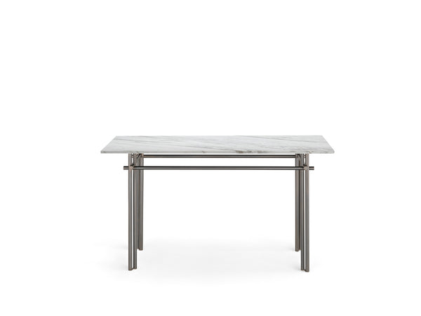 Cristaline console with a 15mm Calacatta Royal marble top and a matte titanium metal base, blending luxury and simplicity