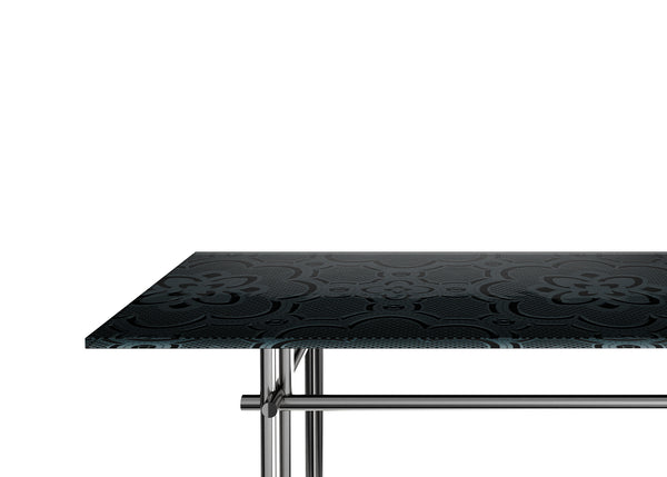 Cristaline console featuring a 15mm semi-reflective black back-painted extralight glass top and a matte titanium metal base, offering a contemporary aesthetic.