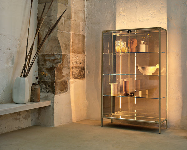 FIAM Echo glass cabinet with extralight glass doors and champagne frame with LED