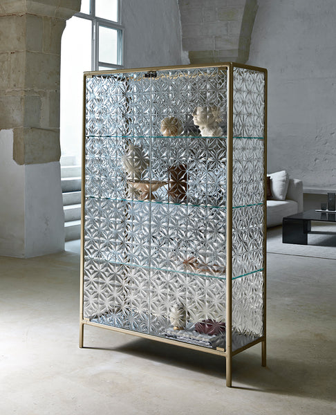 FIAM Echo glass curio cabinet with extralight fused glass doors and champagne frame 