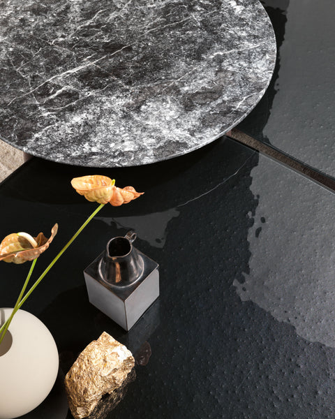 Magma Glass Coffee Table by FIAM Italia – fused glass top surface and matte black wood base.