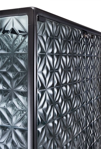 Close-up view of Echo display cabinet's 6 mm thick tempered and fused glass doors with 3D geometric textures.
