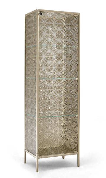 Echo display cabinet available in extralight, smoked, and bronze tempered glass finishes with metallic champagne or vulcan grey aluminum frame.