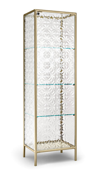 Echo glass showcase by Fiam Italia designed by Marcel Wanders Studio with geometric textured tempered glass doors and sleek champagne aluminum frame.