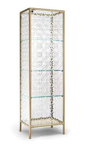 Echo glass showcase by Fiam Italia designed by Marcel Wanders Studio with geometric textured tempered glass doors and sleek champagne aluminum frame.