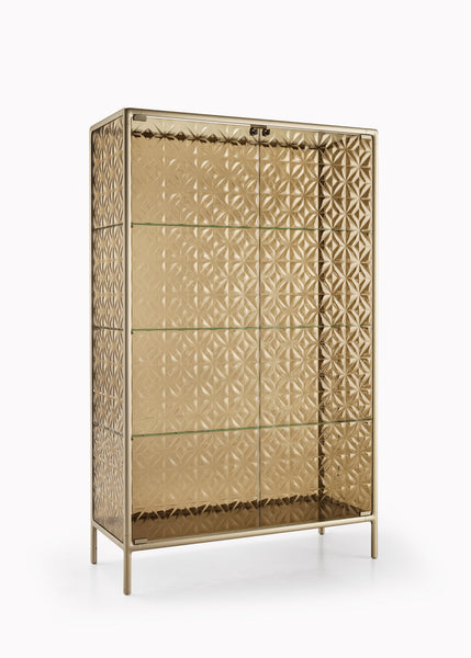 FIAM Echo glass showcase cabinet with fused bronze glass doors and champagne aluminum frame, designed by Marcel Wanders Studio