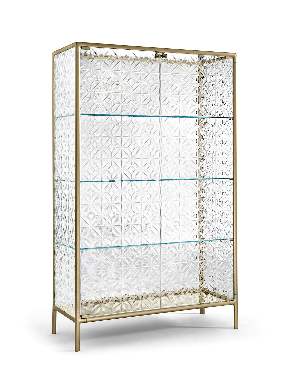 FIAM Echo glass showcase cabinet with fused extralight glass and champagne aluminum frame, designed by Marcel Wanders Studio