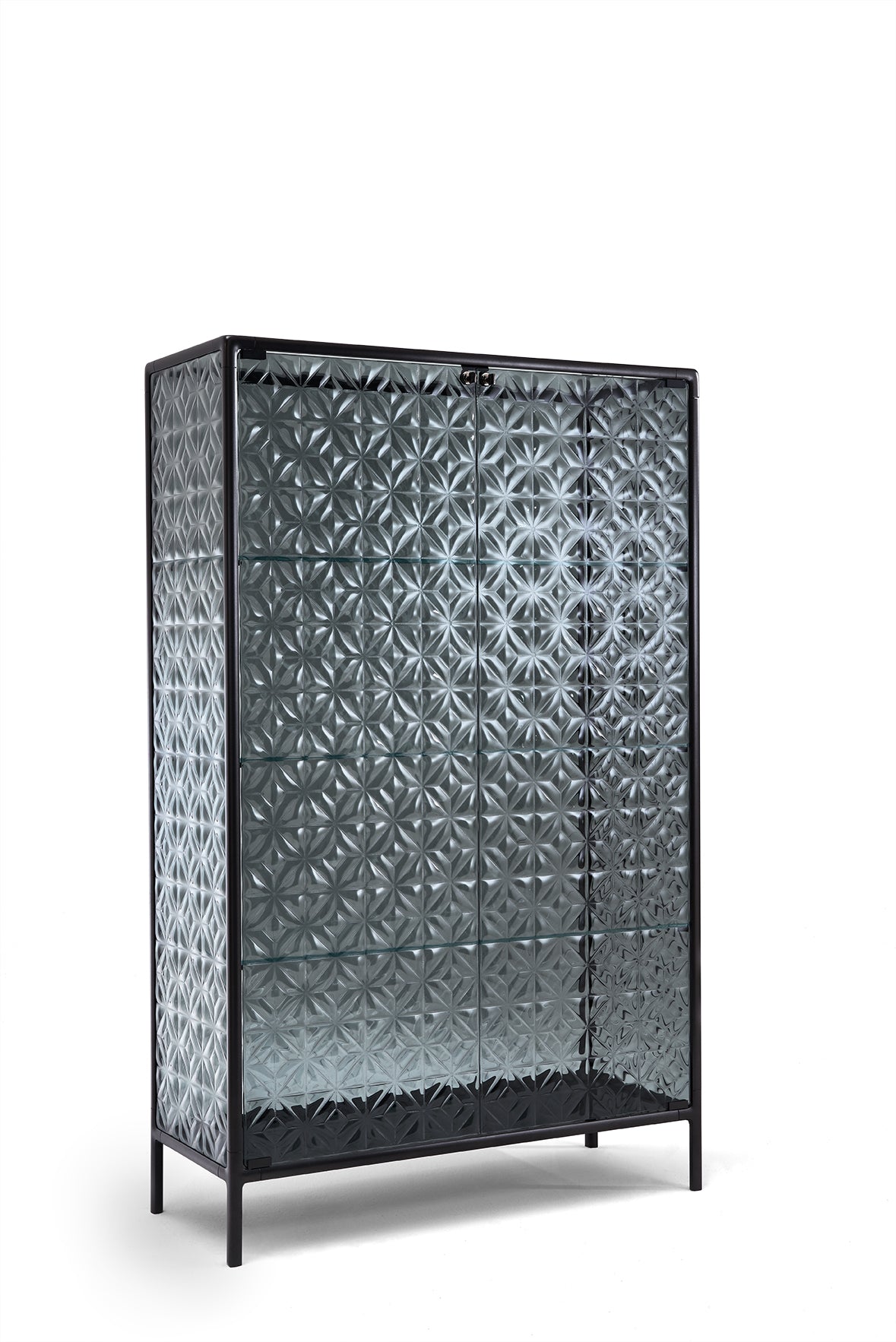 Textured smoked fused glass detail on Echo cabinet doors highlighting 3D geometric surface.