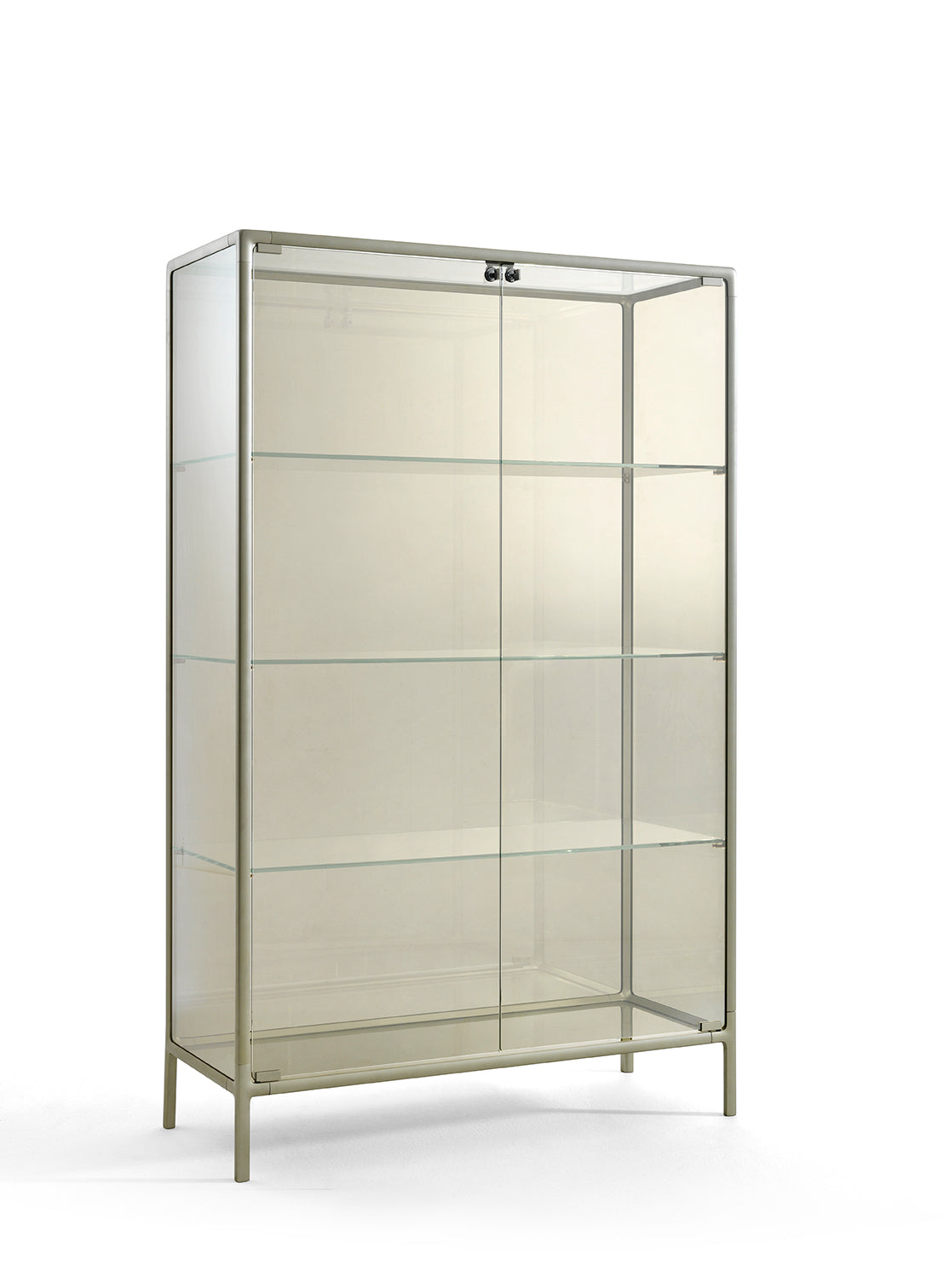 FIAM Echo glass showcase cabinet with fused extralight glass doors and champagne aluminum frame, designed by Marcel Wanders Studio