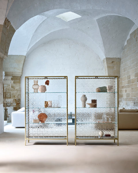 FIAM Echo glass showcase cabinet with extralight fused glass doors and champagne frame 