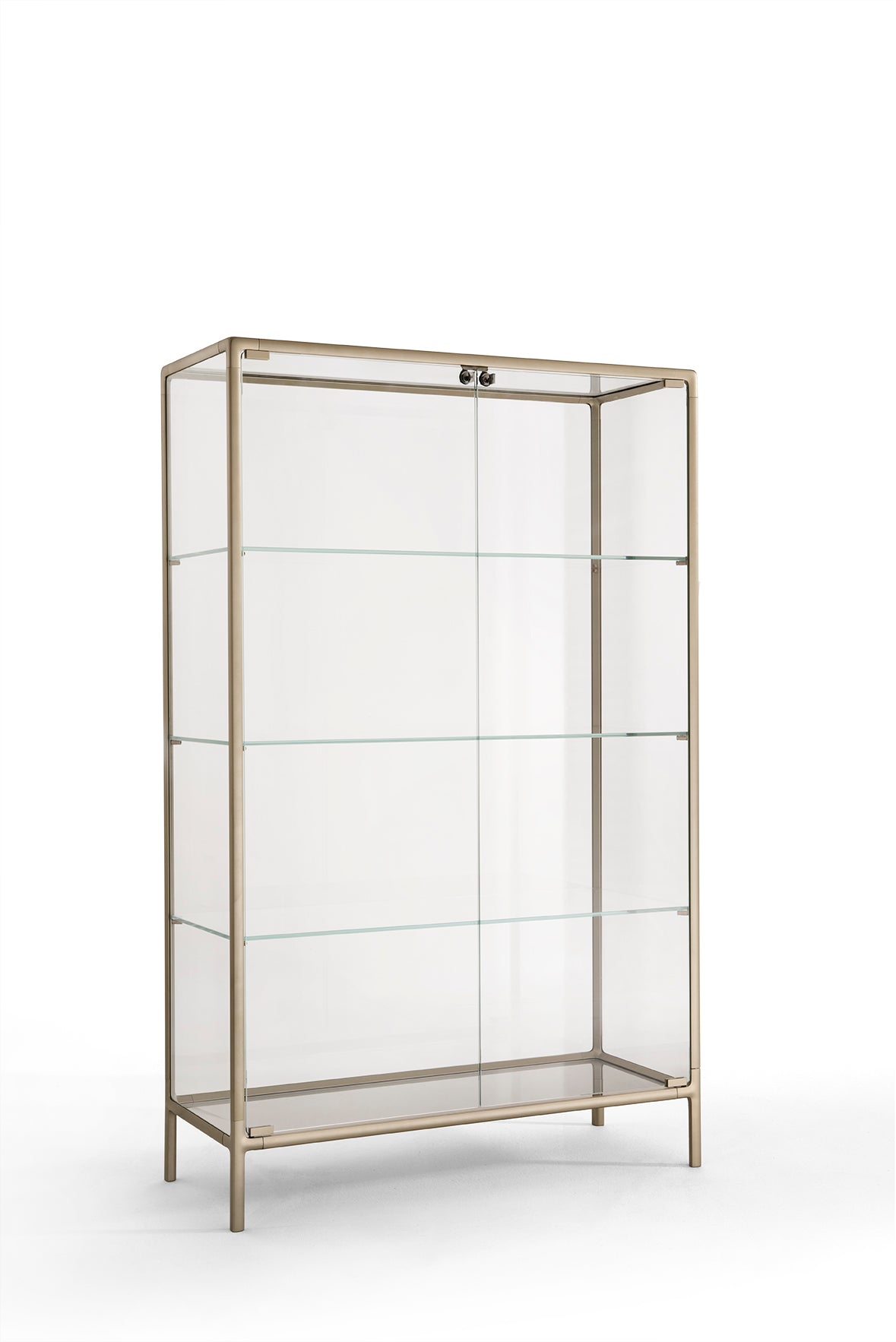 Echo display cabinet with extralight tempered glass shelves and metallic champagne frame