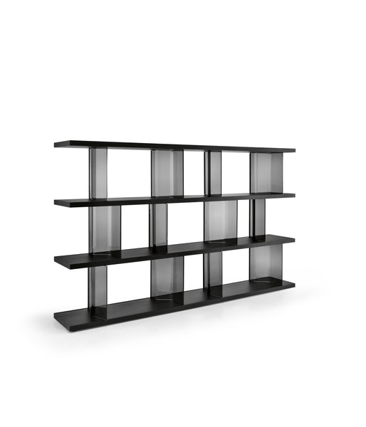 Fiam Inori modular bookcase in freestanding configuration, showcasing minimalist design with wood shelves and smoked glass uprights.
