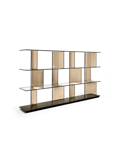 Fiam Inori modular glass bookcase in freestanding configuration, showcasing minimalist design with transparent glass shelves and extralight glass uprights.