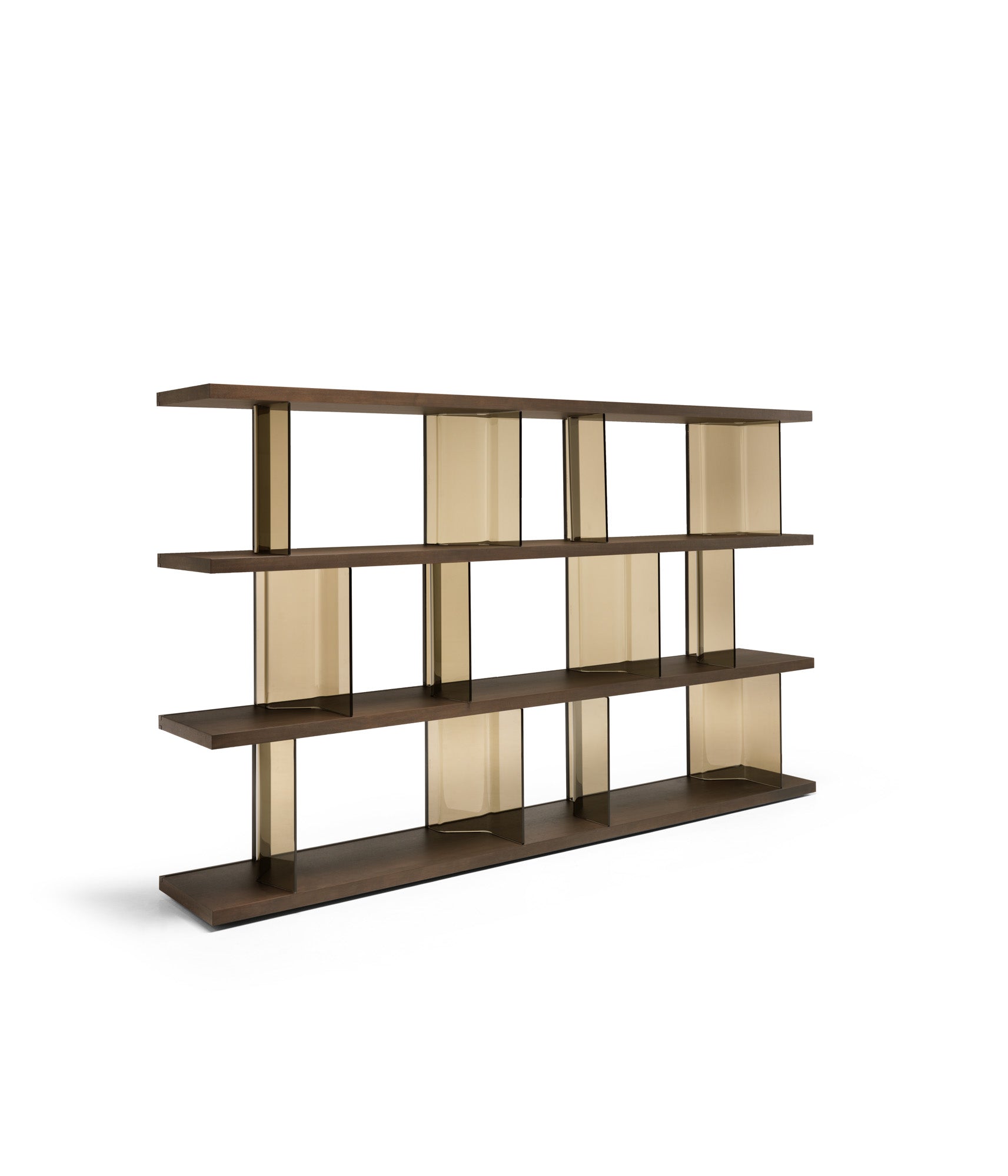 Fiam Inori modular glass bookcase in freestanding configuration, showcasing minimalist design with walnut shelves and bronze glass uprights.