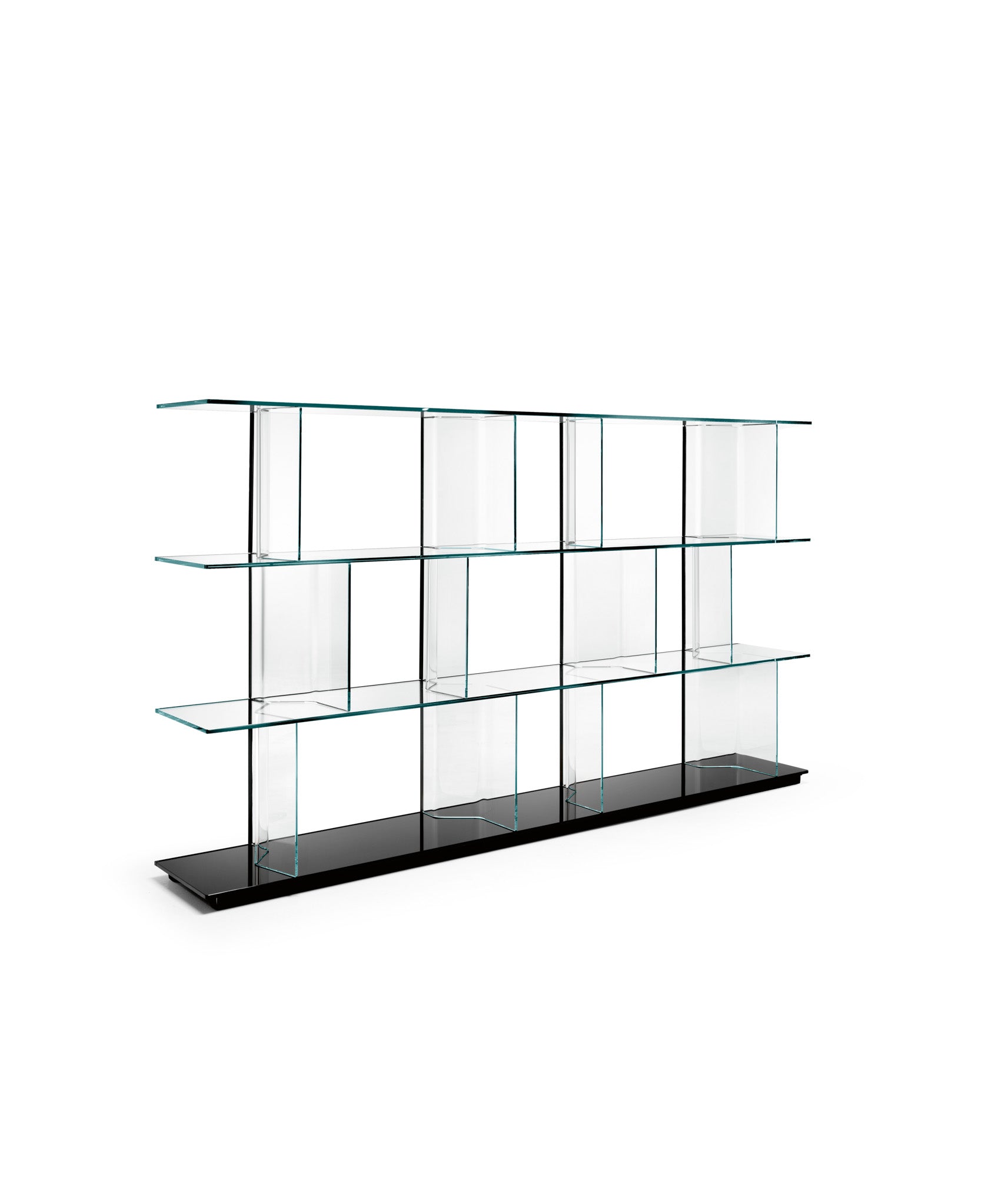 Fiam Inori modular glass bookcase in freestanding configuration, showcasing minimalist design with extraclear glass shelves, black glass base and extraclear glass uprights.