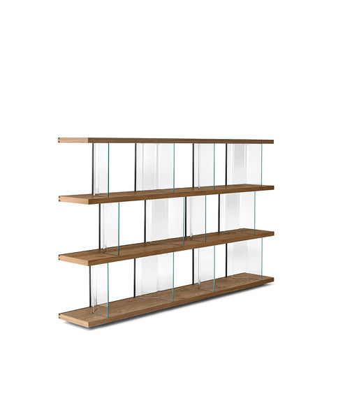 Fiam Inori modular glass bookcase in freestanding configuration, showcasing minimalist design with Old Oak wood shelves and extralight glass uprights.