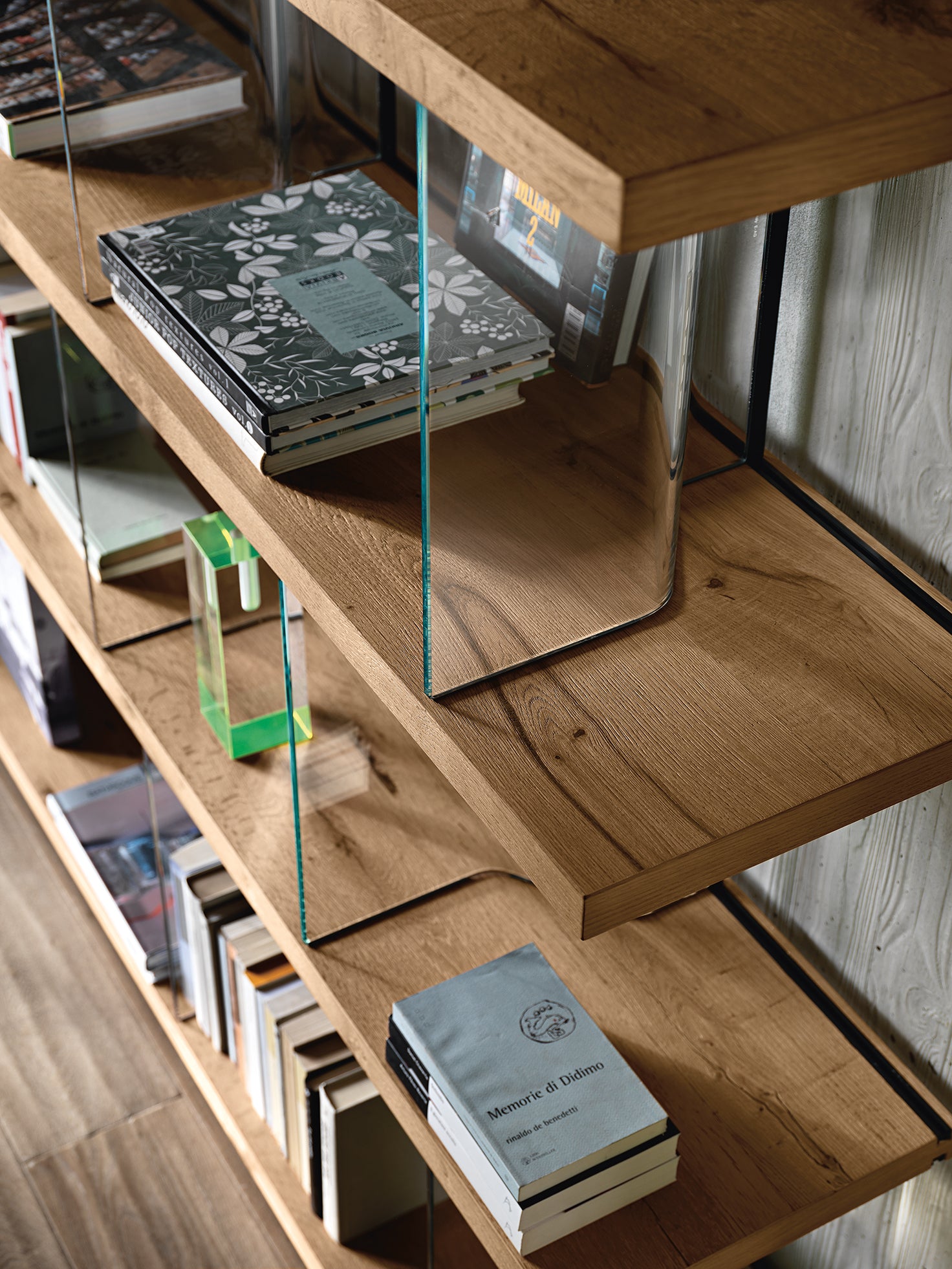 Close-up of Fiam Inori bookcase shelves, highlighting the precision-engineering