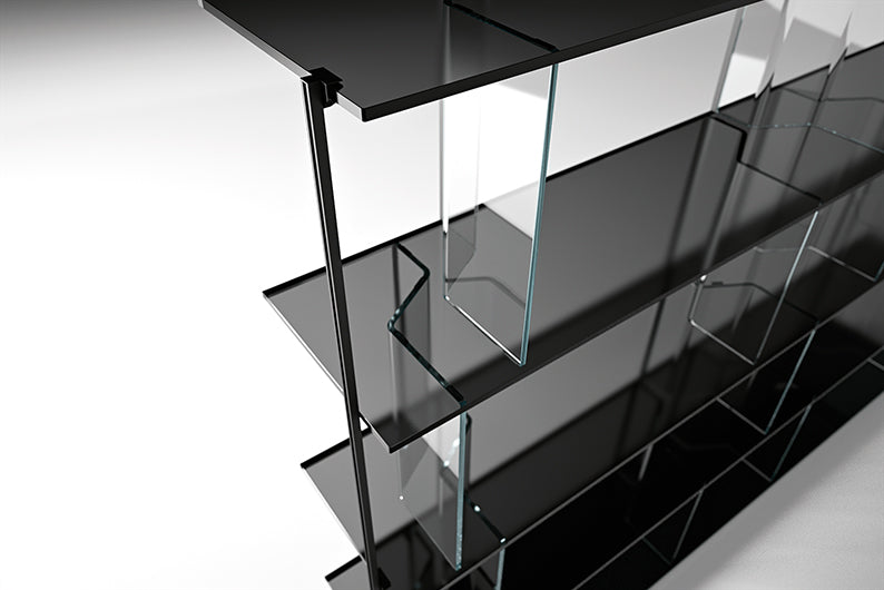 Fiam Inori modular glass bookcase in freestanding configuration, showcasing minimalist design with smoked glass shelves and extraclear glass uprights.