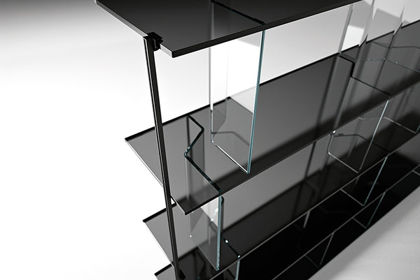 Fiam Inori modular glass bookcase in freestanding configuration, showcasing minimalist design with smoked glass shelves and extraclear glass uprights.