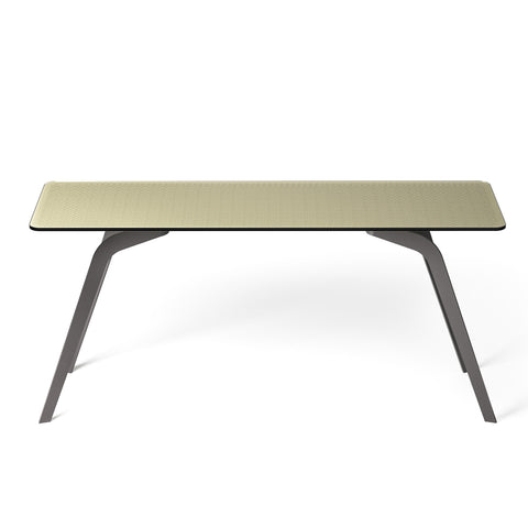 Lunar Console by FIAM Italia with a 12 mm fused, tempered, and back-lacquered Champagne glass top and Lava Grey metal base, highlighting its elegant and contemporary aesthetic.