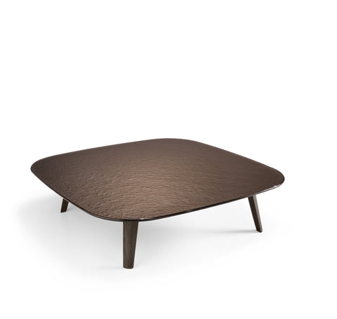 Magma Glass Coffee Table by FIAM Italia – square with Brilliant Brown fused glass top and tobacco wood base.