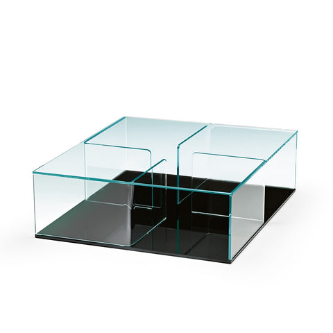 FIAM Quadra coffee table with curved glass structure and extralight top, designed by Matteo Nunziati.