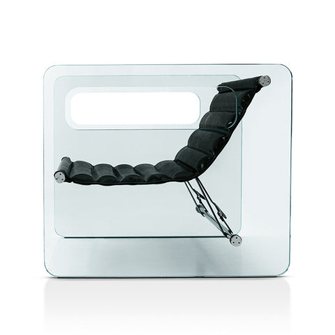 Tonelli Naked Glass Armchair with transparent glass frame and suspended leather seat by Giovanni Tommaso Garattoni