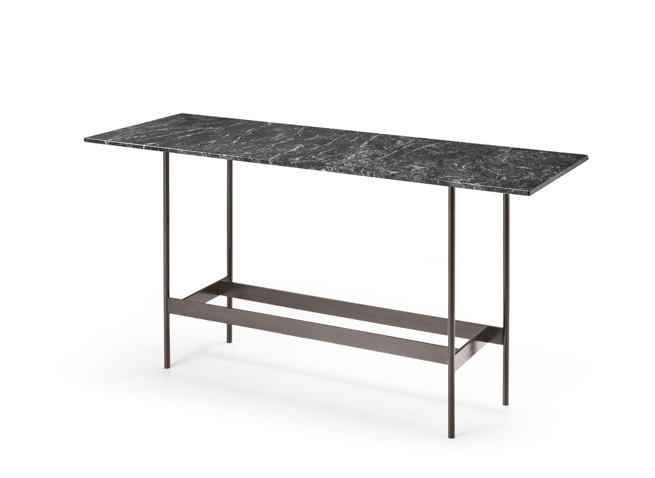 Waves Console by FIAM Italia showcasing a Carnico Grey marble top, offering a bold contrast against its clean-lined metal base.