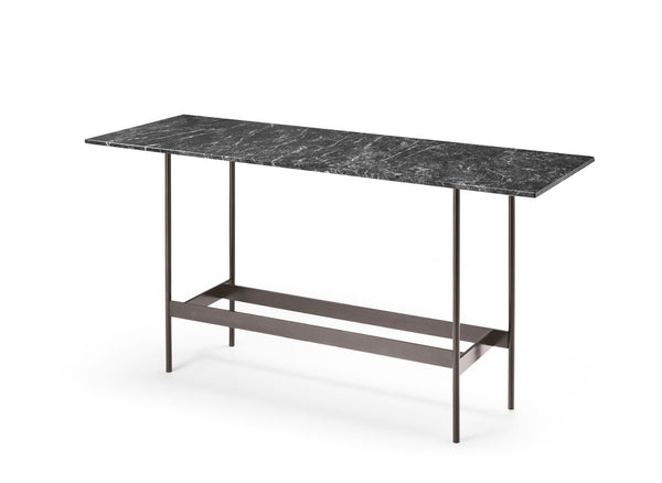 Waves Console by FIAM Italia showcasing a Carnico Grey marble top, offering a bold contrast against its clean-lined metal base.