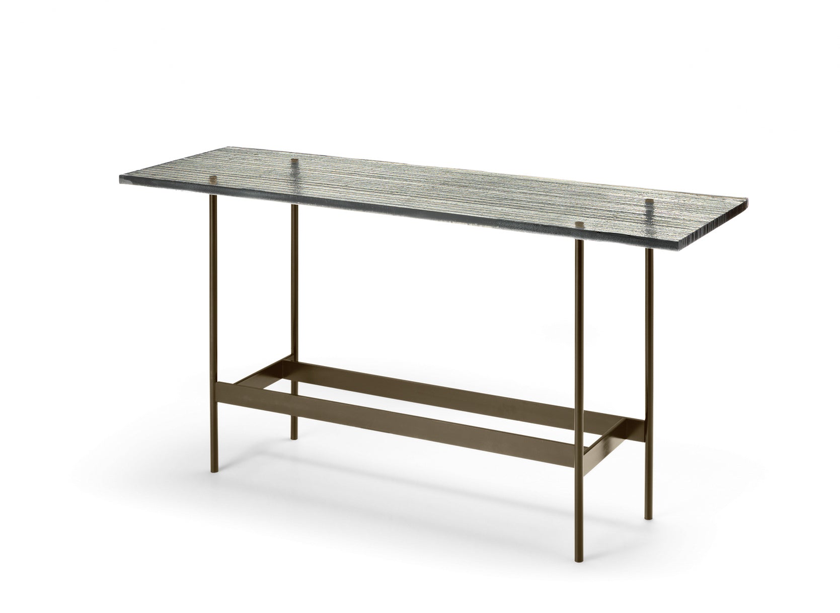 Waves Console by FIAM Italia featuring a multicolor striped 23 mm DV-GLASS® top and Titanium metal base, emphasizing its artistic craftsmanship.