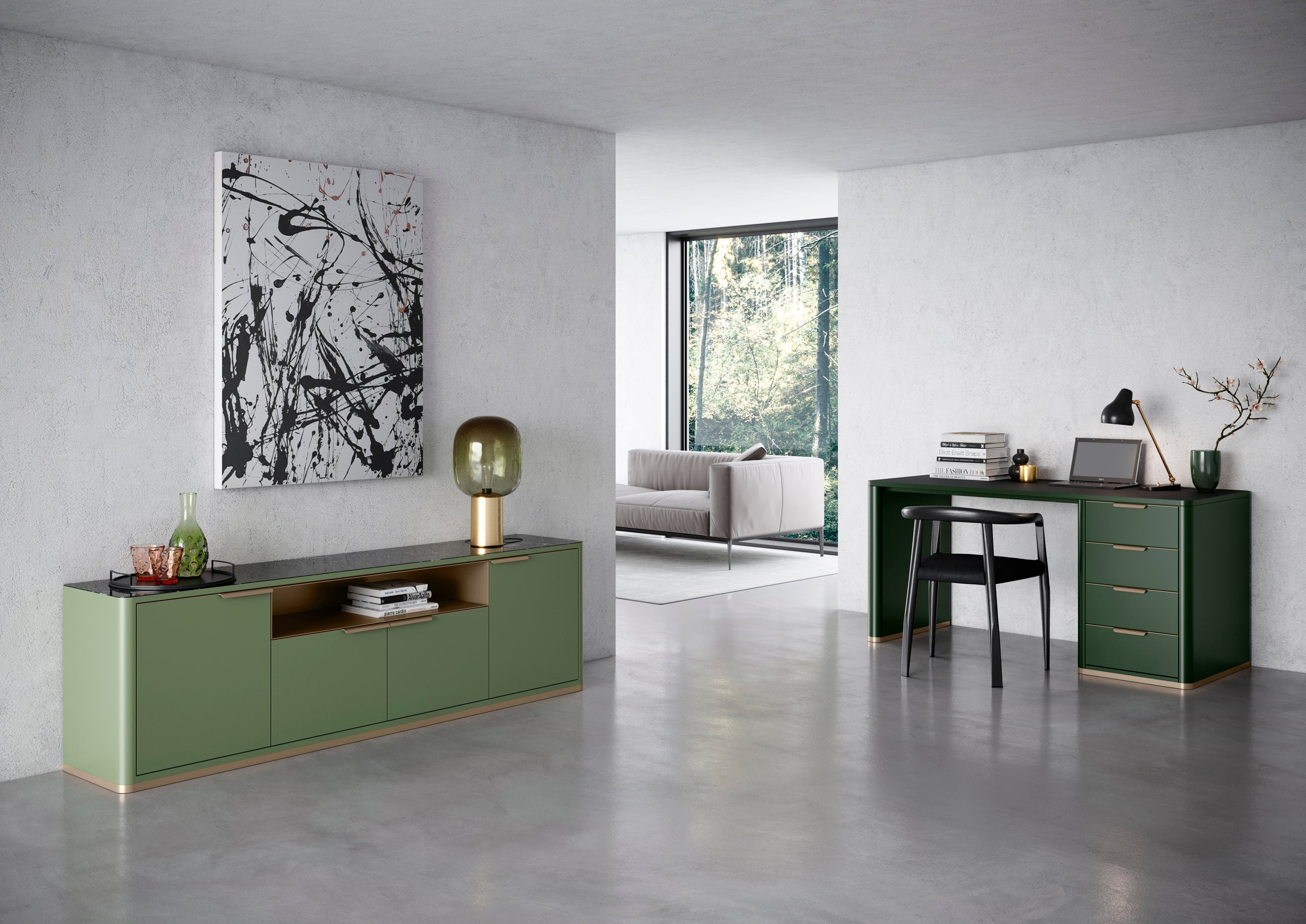 Sideboard S 50 H3-4 with built-in element and Nero Marquina black marble top and T50 Desk