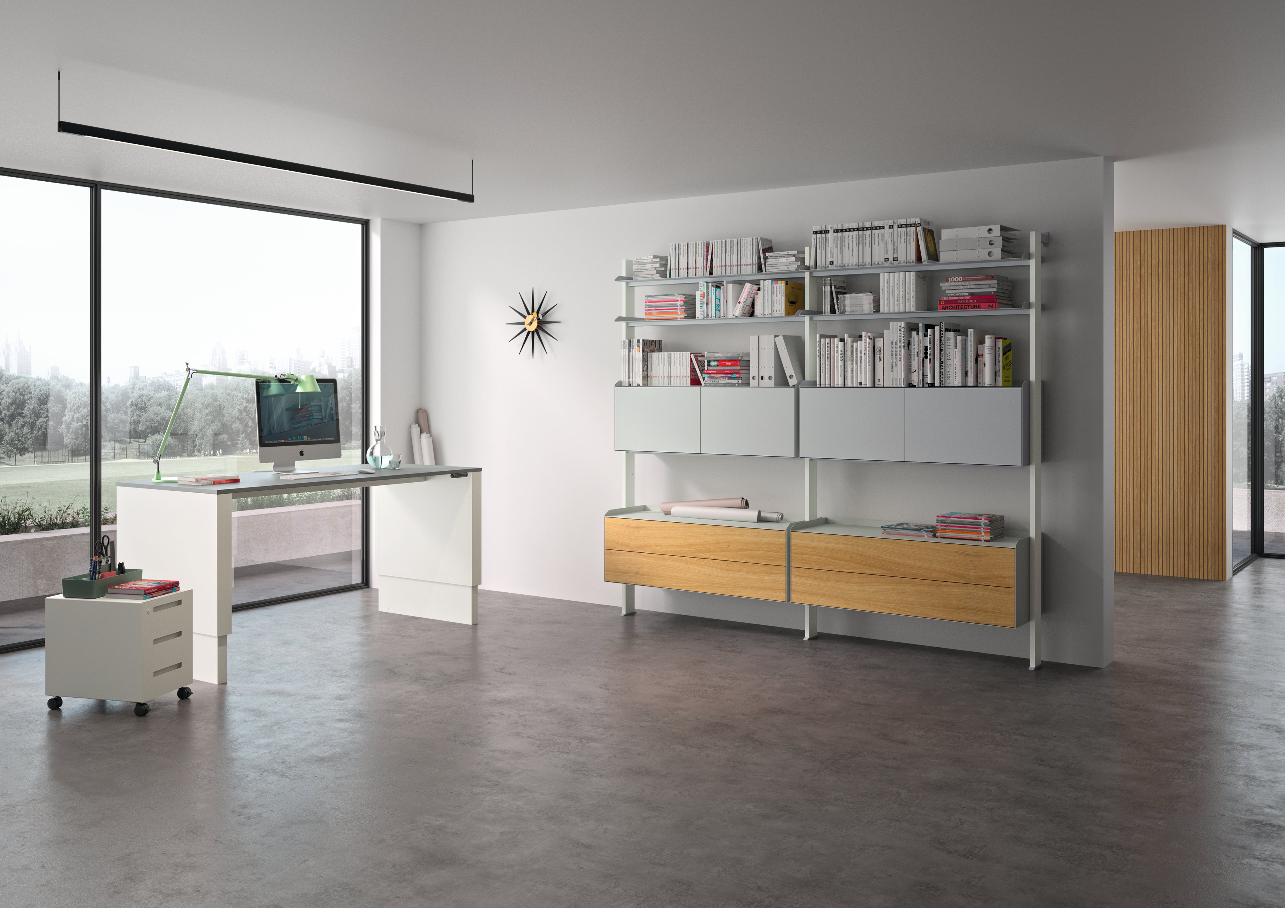 Mueller Home Office Desk – modern desk with electric height adjustment and deep work surface and rolling file