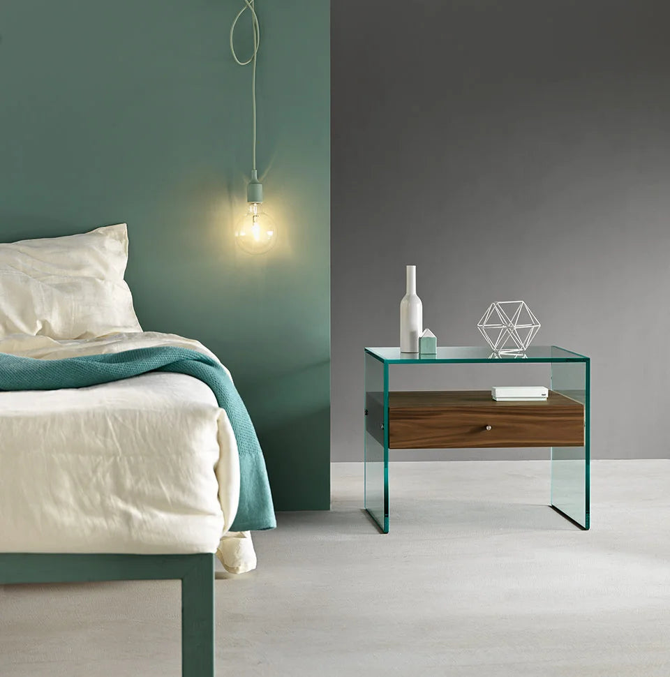 Tonelli bedside table Secret: Glass and Eucalyptus wood finish drawer