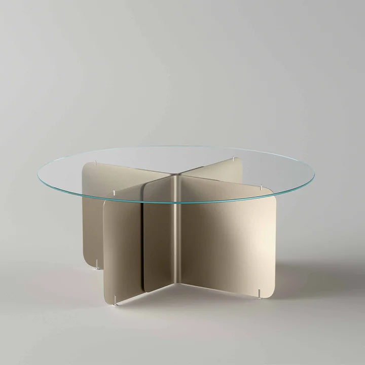 Pleat dining table with extra clear glass top and metallic champagne base