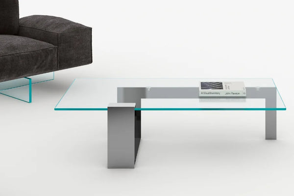 Plinsky Coffee Table in gunmetal, chrome, matte white, and matte black base finishes with glass tops.