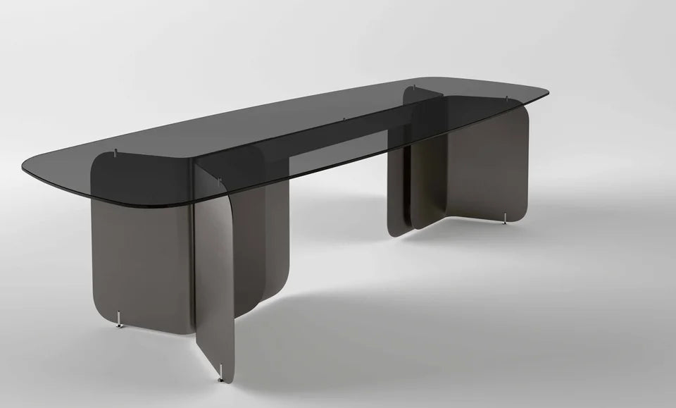 Pleat dining table with smoked glass top and brushed titanio base